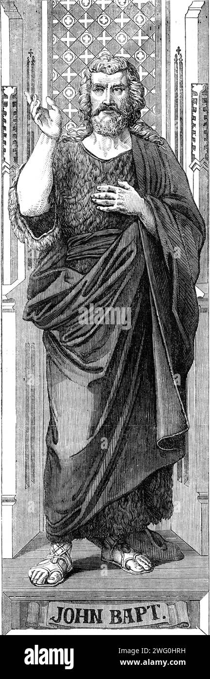 Figures préparées par le baron von Hess pour une fenêtre peinte dans la cathédrale de Glasgow : Jean-Baptiste, 1862. «Ce grand travail d'embellissement d'un monument national, le premier de son genre qui a été entrepris sous les auspices de l'Église d'Écosse, offre une preuve remarquable du changement qui peut être opéré dans un corps ecclésiastique par la tendance et l'inclinaison de l'âge. Non plus le décourageur sévère de l'art pictural, l'Église d'Écosse, s'est montré ici pour être son patron éclairé ; pour bien que, en conformité avec ses principes fondamentaux, rejetant les ténèbres obsolètes a Banque D'Images Figures préparées par le baron von Hess pour une fenêtre peinte dans la cathédrale de Glasgow : Jean-Baptiste, 1862. «Ce grand travail d'embellissement d'un monument national, le premier de son genre qui a été entrepris sous les auspices de l'Église d'Écosse, offre une preuve remarquable du changement qui peut être opéré dans un corps ecclésiastique par la tendance et l'inclinaison de l'âge. Non plus le décourageur sévère de l'art pictural, l'Église d'Écosse, s'est montré ici pour être son patron éclairé ; pour bien que, en conformité avec ses principes fondamentaux, rejetant les ténèbres obsolètes a Banque D'Images