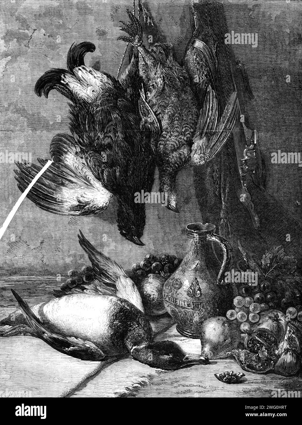 "Game and fruit" de W. Duffield, dans la Galerie de la British institution, 1862. Gravure d'un tableau. 'Cette image donne la preuve d'une puissance inventive croissante, ainsi que des compétences techniques... ce groupe de divers membres des tribus à plumes, avec des fruits, des grenades, des raisins, &amp;c., et une vieille cruche curieuse, est assemblée avec une grande liberté et facilité, mais dans un arrangement extrêmement pittoresque. Le traitement textural de plusieurs objets est admirablement discriminé, même à la différence entre le plumage lâche et volanté de la moorcock et d'autres jeux accrochés contre Th Banque D'Images