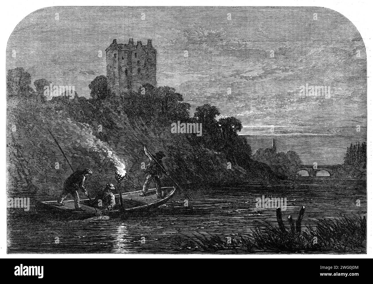 Braconnage du saumon sur le Tweed : « brûler l'eau », 1862. Pêche illégale en Écosse. Le braconnage nocturne à partir de bateaux, en utilisant des leisters - un type de lance - a été appelé "brûler l'eau". Des paniers métalliques sur les bateaux étaient remplis de fragments de baril de goudron et de chiffons trempés dans le poix et ont été incendiés, et le feu lumineux attira les poissons à la surface de l'eau. Extrait de "Illustrated London News", 1862. Banque D'Images