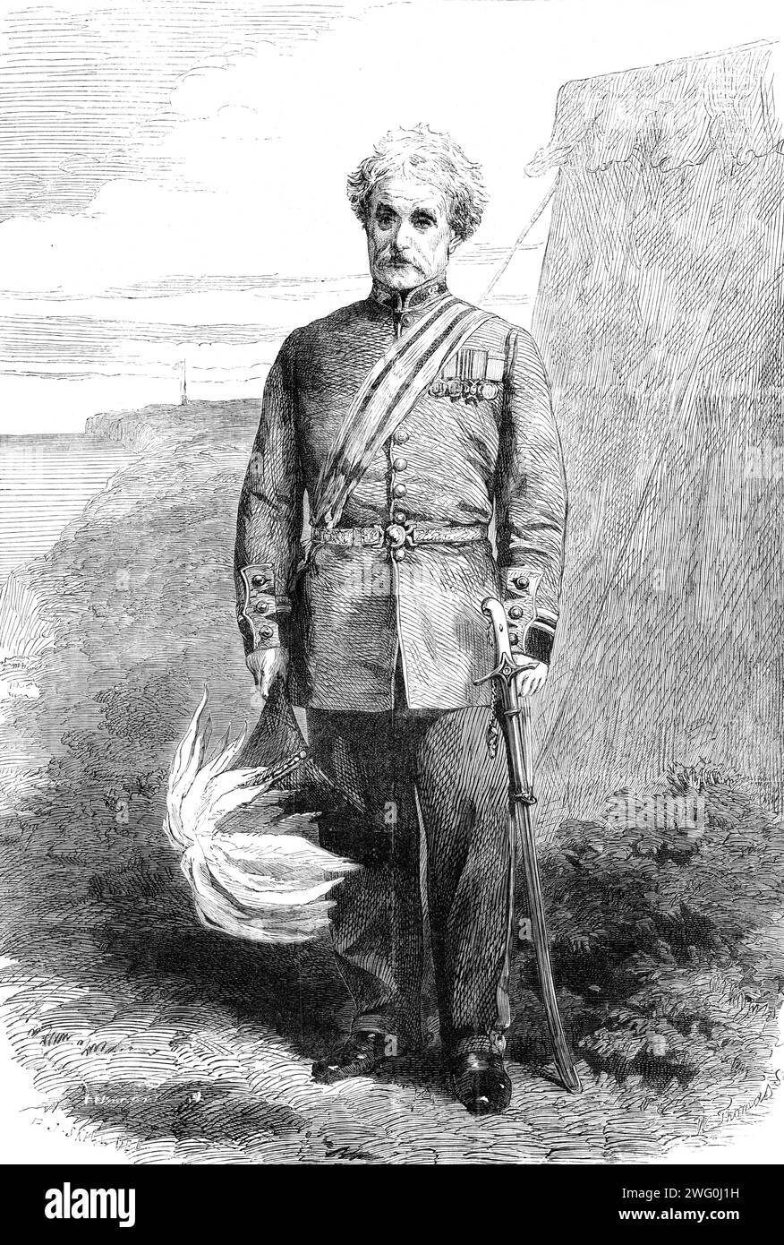 Général Lord Clyde, G.C.B., K.S.I., 1862. Lord Clyde... a vu un certain service actif avec le 60th Rifles dans la guerre américaine en 1814, sa présence dans ce combat l'empêchant probablement d'être à Waterloo... pendant son service [dans les Antilles], il prit part à la répression d'une insurrection d'esclaves à Demerara.... tout au long des campagnes de Punjaub de 1848-9, il commanda la troisième division de l'armée sous Lord Gough... tandis que le brigadier-général commandant les districts de Peshawur, il était continuellement engagé dans des opérations contre les tribus montagnardes... il... prit le commandement de la brigade des Highlands de la première division Banque D'Images