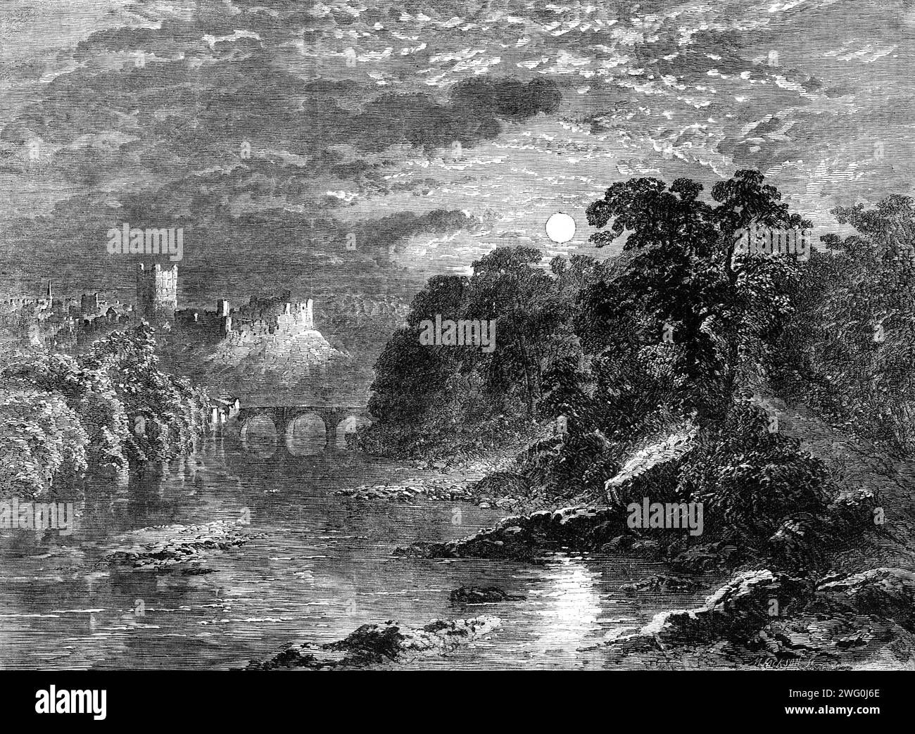 Richmond Castle, Yorkshire, par G. Dodgson, dans l'exposition de la Society of Painters in Water Colours, 1862. « Nous gravons ce dessin non seulement parce qu'il est un exemple favorable de la tendre et belle exécution de l'artiste, mais parce que la scène souvent peinte est représentée d'un point de vue nouveau et avec un effet inédit - celui du clair de lune. La vue est prise depuis les berges du Swale en contrebas du château de Richmond : la ruine se trouve donc à gauche du spectateur. L'effet chatoyant et incertain du clair de lune est très heureusement transmis par une frustre pointillée indéfinissable de touc Banque D'Images