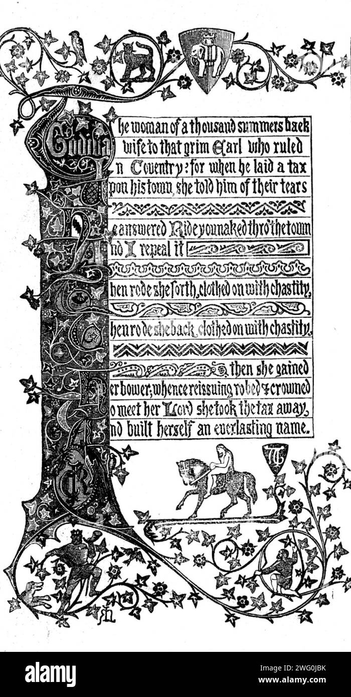 Exposition internationale : le ruban Lady Godiva, par J. Ratliff et son, de Coventry, 1862. Cette œuvre consiste en un passage du poème de Tennyson "Godiva" illuminé d'une manière magistrale par MR. R. Holmes, F.S.A. la couleur dominante de l'illumination est rouge pourpre riche, et le lettrage est noir, mais le tout est enrichi de parties en jaune, bleu, vert, orange-rouge, et blanc, toutes les couleurs étant pleines et harmonieuses. Dans la partie supérieure de la conception, nous avons les armoiries de Coventry, le blason de la famille Ratliff, et le blason du designer ; dans la partie inférieure, le i. Banque D'Images