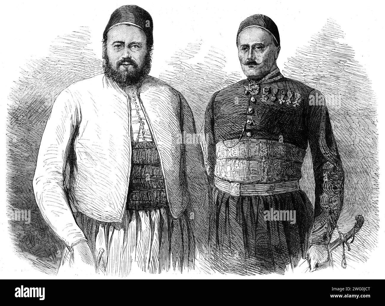 Son Altesse Said Pacha, vice-roi d'Égypte, [et] Koenig Bey, secrétaire privé de Said Pacha, 1862 ans. «...son neveu, Abbas Pacha, est mort (1854). Par cet événement Said a été appelé au trône en vertu du firman de 1841 qui confère le gouvernement de l'Egypte aux membres de la famille de Mehemet Ali. Said a pris les rênes du gouvernement le 17 juillet 1854. Peu de temps après dit est allé à Constantinople pour recevoir aux mains du sultan son investiture en tant que vice-roi... un de ses premiers actes a été l'abolition de l'esclavage ; puis il a supprimé le monopole commercial ; les taxes de capitation ; Reor Banque D'Images