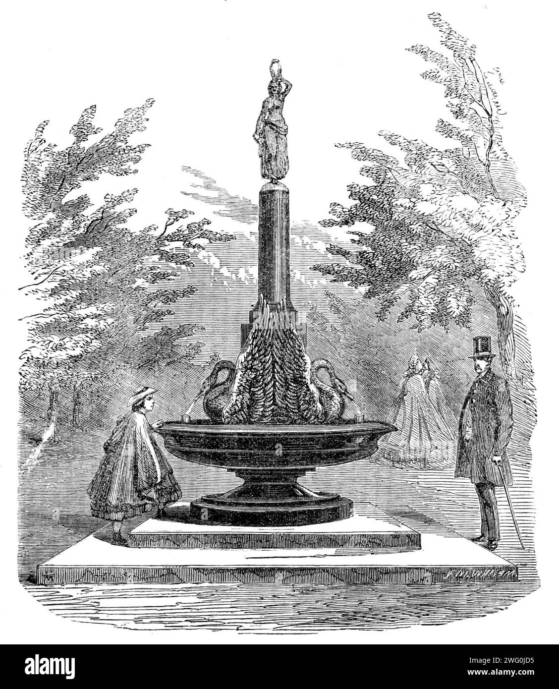 Fontaine à boire dans le Regent's Park, [Londres], 1862. Sous la direction du premier commissaire des travaux publics de sa Majesté, l'honorable W. Cowper, une fontaine à boire a récemment été érigée à Regent's Park, d'après les plans du professeur Westmacott, R.A. elle a été exécutée par M. J. Sherwood Westmacott. La structure se compose d'une tazza d'ardoise émaillée noire, 7ft. En diamètre, reposant sur deux marches de pierre de Portland, dont la plus basse est de 11ft. carré. Sur la tazza se trouvent deux cygnes en électrotype, à partir des factures desquels l'eau est projetée. Au-dessus de ceux-ci se trouve une colonne et une base de granit rouge, surmo Banque D'Images