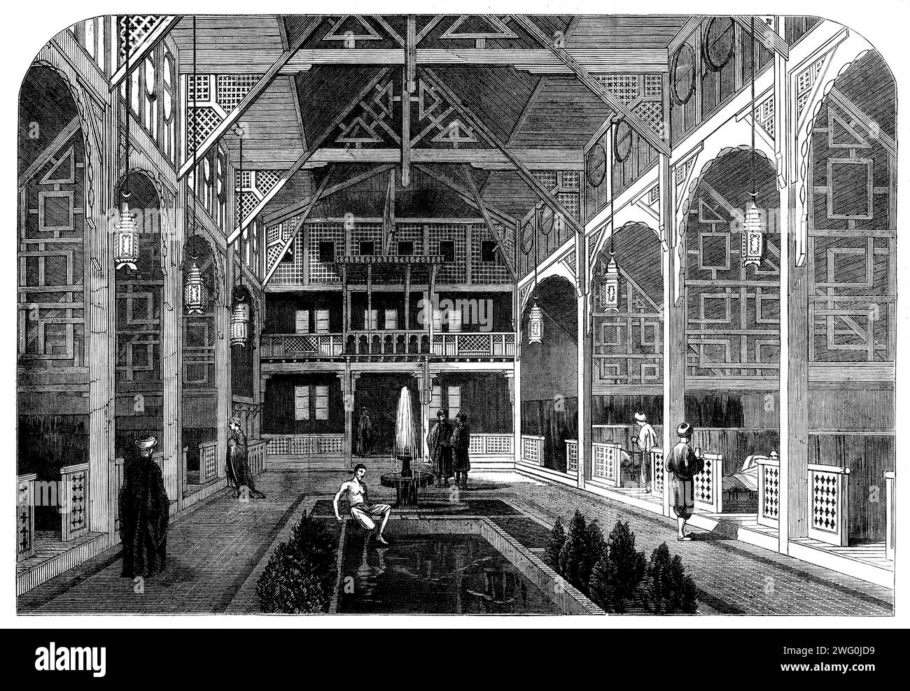 Bains turcs à Jermyn-Street, [Londres] : le meshlakh, ou salle de refroidissement 1862. '...from les dessins et sous la supervision professionnelle de M. J. Somers Clarke. [Vue de] le meshlakh ou apodyterium, regardant vers l'entrée. Une partie du bain de plongée est au premier plan immédiat. Droite et gauche sont basses, les balustrades perforées, divisant l'appartement en compartiments, de sorte que, tout en ayant une vue ininterrompue de tout autour, une intimité parfaite est toujours préservée. A gauche, au loin, se trouve le département du cawahjie, ou café-homme, avec sa petite cheminée dans le coin ; t Banque D'Images