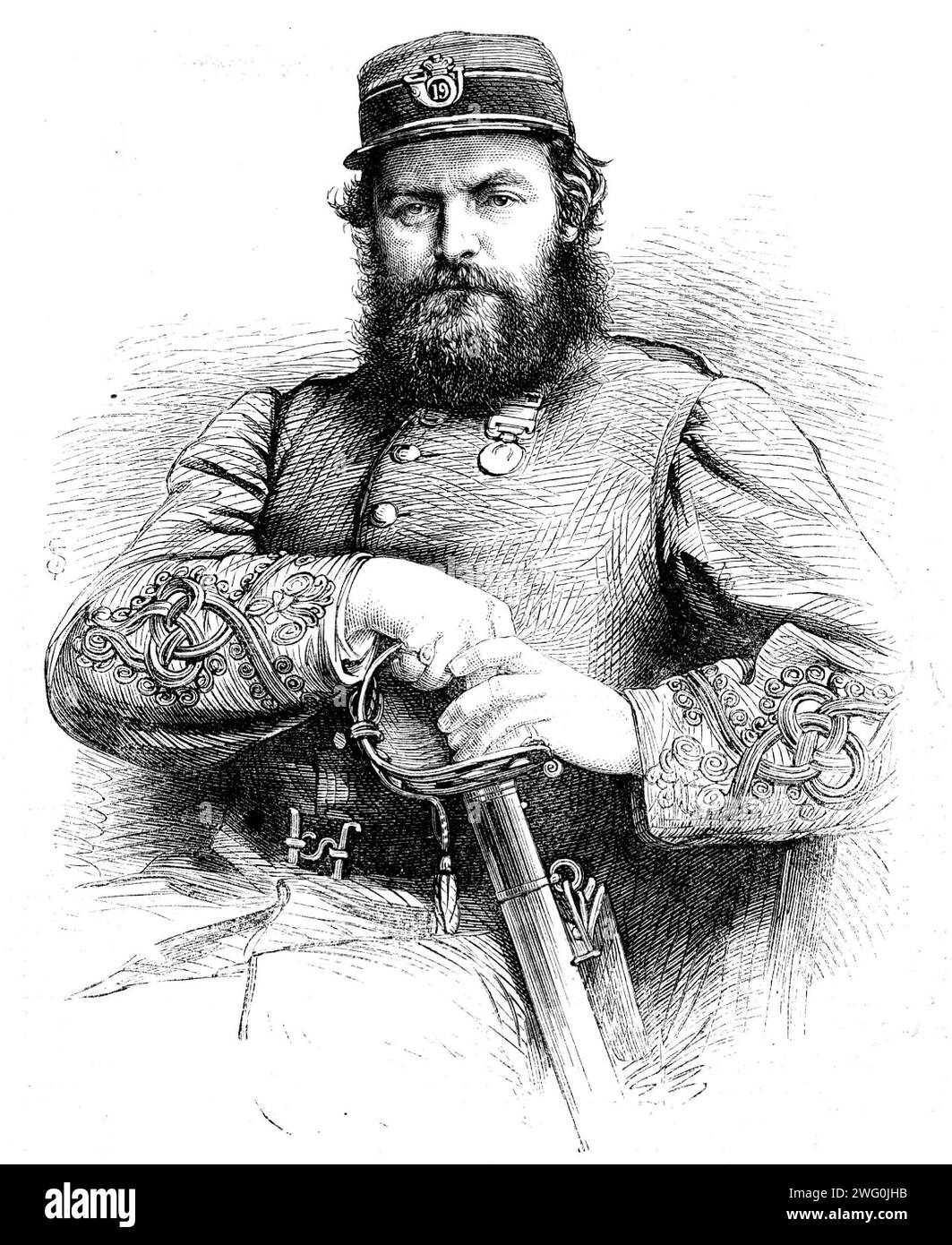 Capitaine Williams, le gagnant du prix d'Earl Dudley au récent concours national de fusil à Wimbledon, 1862. Gravure d'une photographie de M. Herbert Watkins. Le capitaine Williams est instructeur de musketry du 19th Middlesex, ou Working Men's College corps. En 1860, il s'est classé troisième pour le prix de la Reine, et cette année encore à égalité pour la troisième place. Le 19th Middlesex est un corps bien connu, et a une grande réputation pour la stabilité sous les armes de ses membres et leur précision dans les mouvements sur le terrain. Le succès du capitaine Williams aidera, on le croit, matériellement à ajouter à leur nombre... E. Banque D'Images