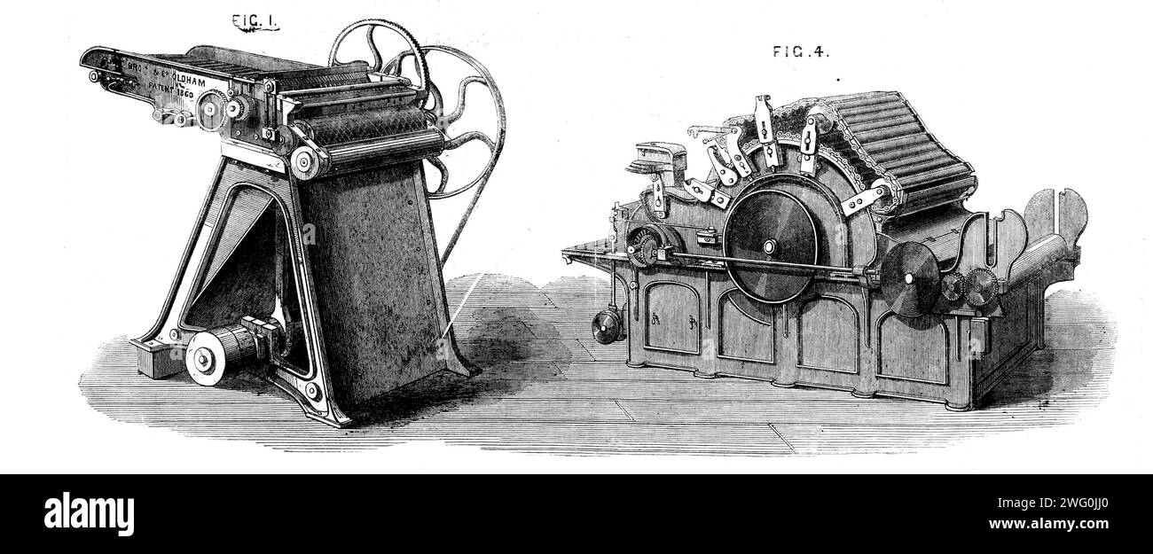 L'exposition internationale - fabrication du coton : machines de Platt Brothers, Oldham, 1862. Fig. 1 le Macarthy Gin ; Fig. 4. Le Carding-Engine... le but de [l'égreneuse] est de séparer la fibre de coton de ses graines, morceaux de gousse, gaine, ou toute autre matière... le coton... doit maintenant être encore nettoyé, et les fibres peignées et séparées à la plus grande minutie. Cela se fait en passant la nappe dans une série de machines appelées carding-motoréducteurs... ils sont appelés carding-motoréducteurs parce qu'ils fonctionnent au moyen de cartes". Extrait de "Illustrated London News", 1862. Banque D'Images