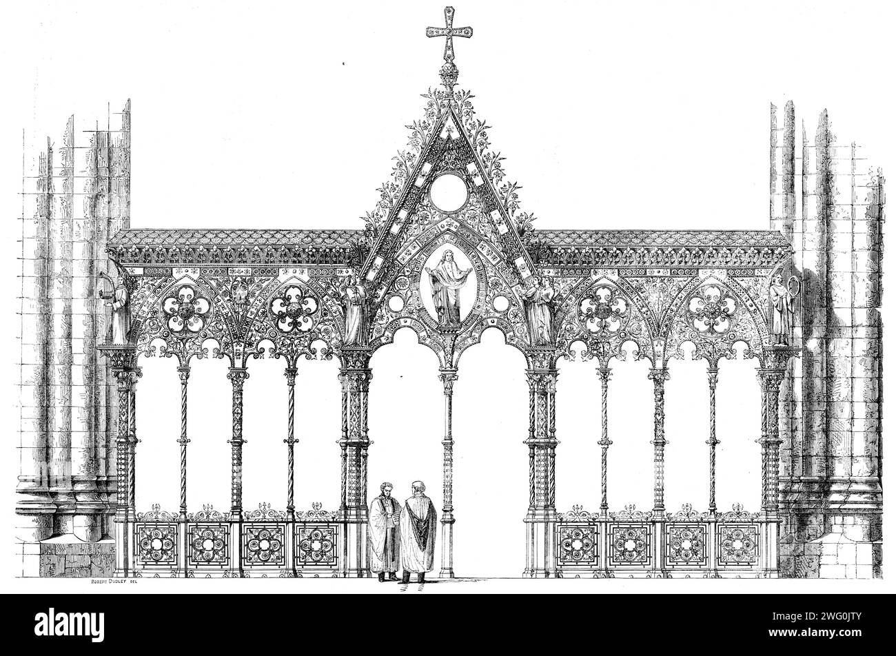 The International Exhibition : Hereford Screen, conçu par G. G. Scott, R.A., fabriqué par Skidmore's Art-Manufacturers' Company, Coventry, 1862. « Cette œuvre... la réalisation la plus grandiose et la plus triomphante de l'art architectural moderne... la plus grande œuvre d'art en métal dont nous avons connaissance... illustre bien la scène la plus glorieuse jamais réalisée sur cette terre - l'Ascension de notre Seigneur... de chaque côté sont des anges... la Trinité est symbolisée par trois espaces circulaires autour; et surmontant tout est la croix... les capitales sont formées de tôle, travaillées dans la forme par la pointe du marteau. Banque D'Images