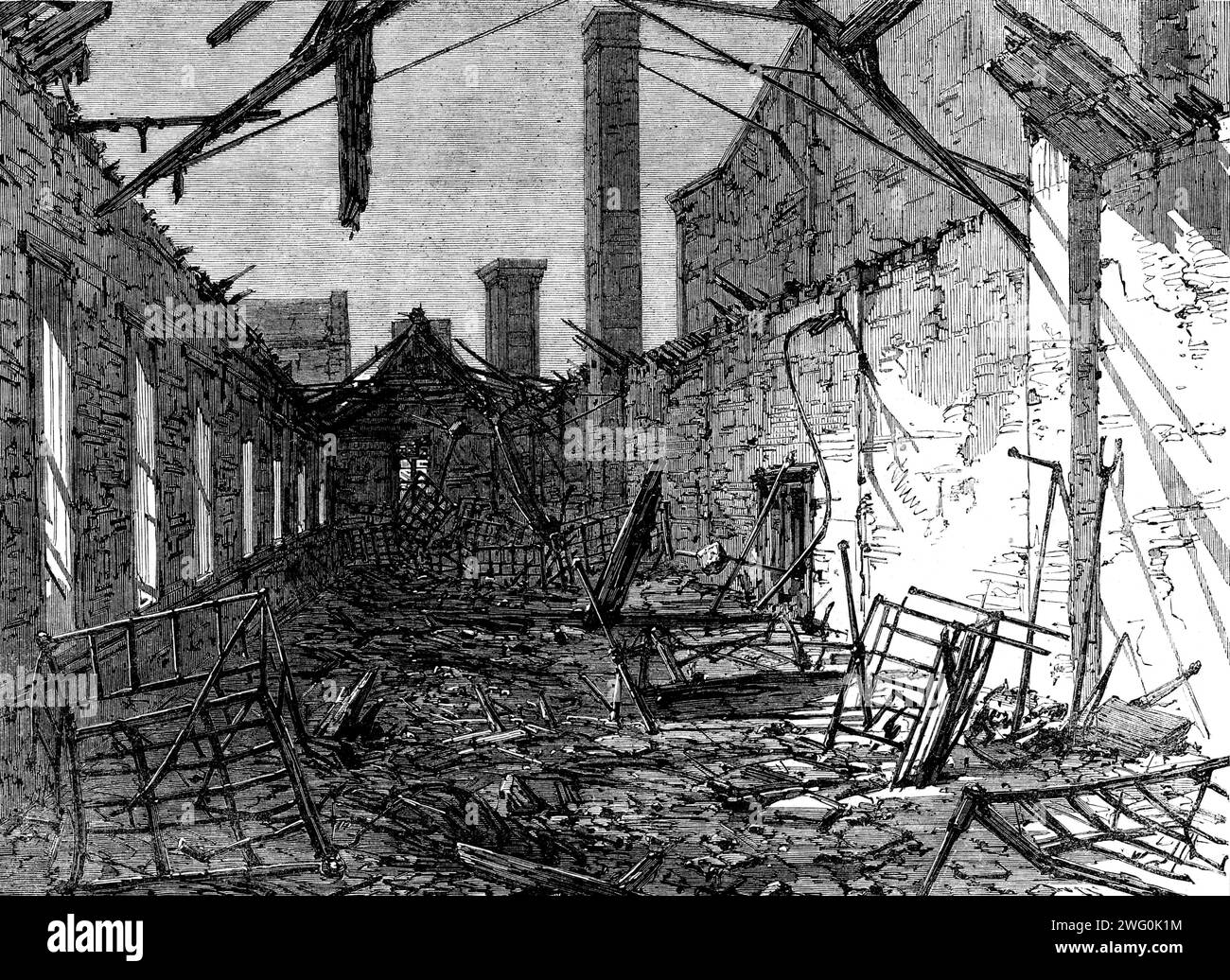 L'incendie mortel au Liverpool Workhouse, Brownlow-Hill : ruines du dortoir des enfants, 1862. '...un incendie des plus calamiteux...a entraîné la perte de la vie de deux femmes et vingt et un enfants...les plus grands efforts ont été faits pour extraire les enfants par les fenêtres...cependant, la fumée était si dense et la chaleur si grande qu'il était absolument impossible pour quiconque d'obtenir une entrée sans la certitude d'une mort presque instantanée... deux infirmières adultes et une fille ont été victimes de leurs efforts pour sauver la vie des enfants impuissants... sur la soumission de le feu que les ruines présentaient Banque D'Images