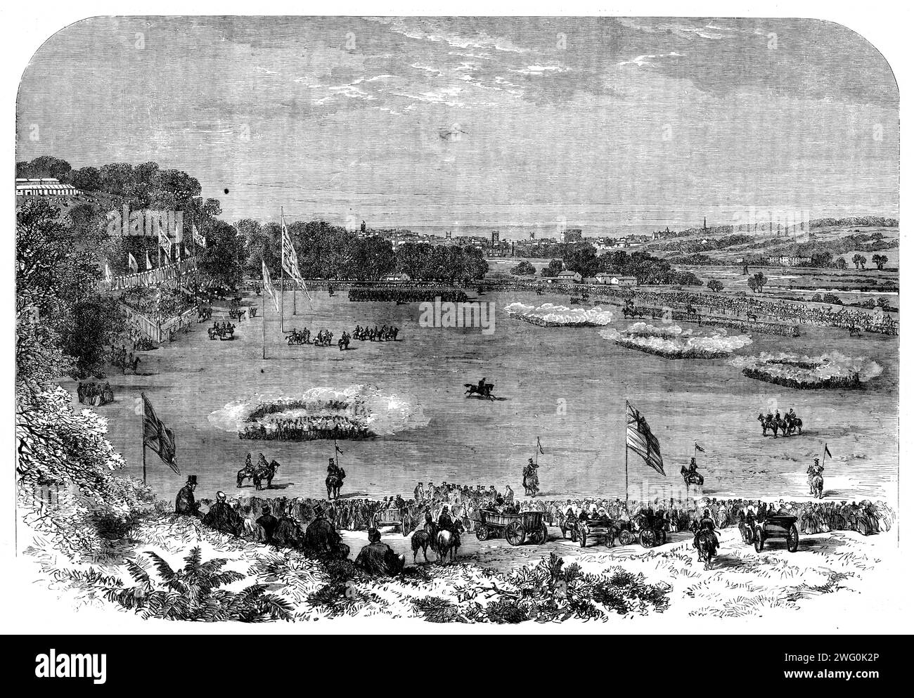 Fête volontaire donnée par M. Harvey, le haut shérif de Norfolk, à Crown point, près de Norwich : The Review, 1862. 'Un grand stand de 70 pieds. Long, et calculé pour accueillir 500 dames et messieurs, a été érigé pour la commodité des invités spéciaux de M. Harvey... le lieutenant-colonel Custance, de la milice de West Norfolk, commandait la droite, et le lieutenant-colonel Astley l'aile gauche, alors que toute la force était sous la direction générale du major-général Sir Archdale Wilson, de Delhi... quand enfin le signal a été donné de procéder aux évolutions, les troupes ont formé des colonnes contiguës à qua Banque D'Images