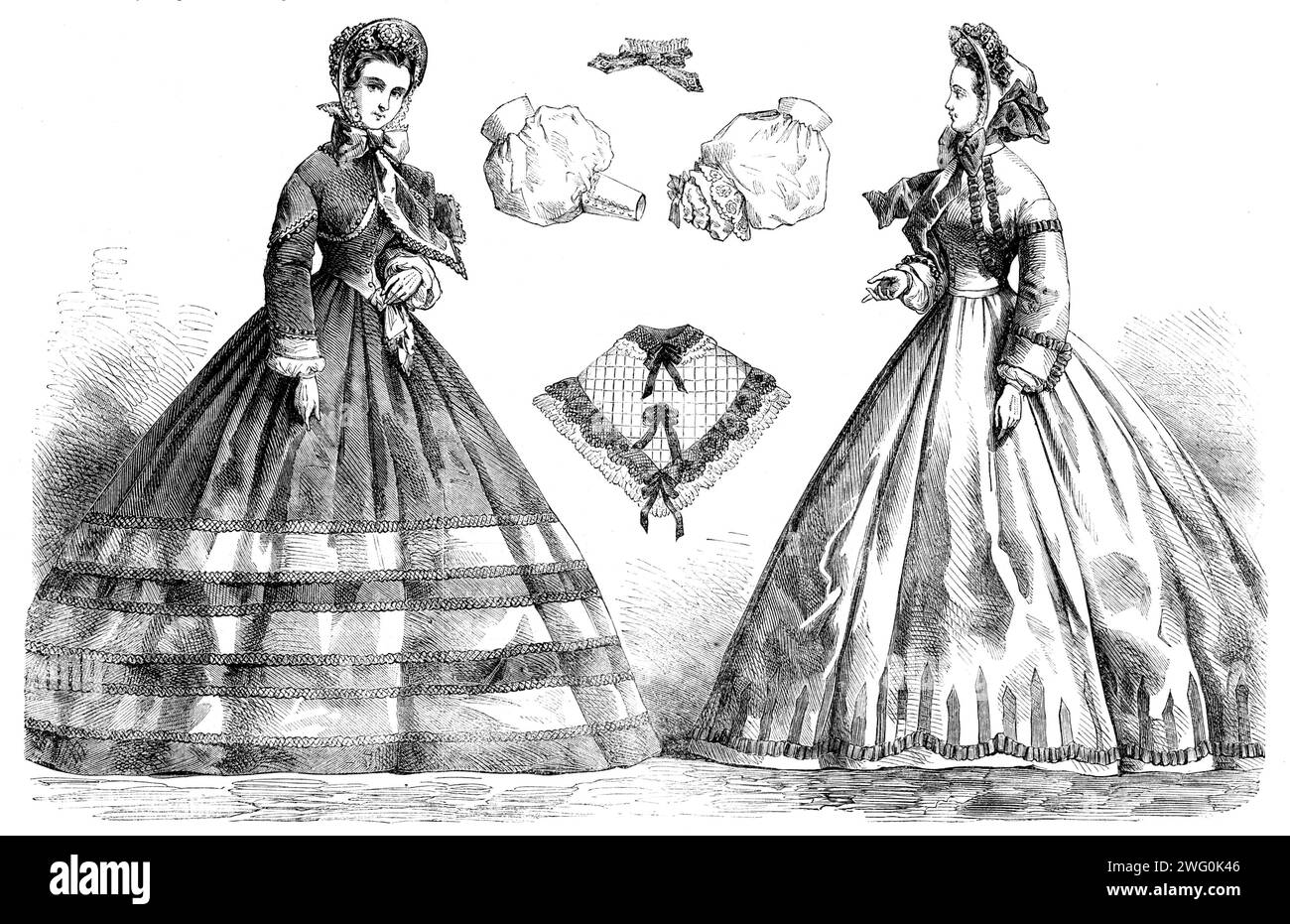 Paris fashions pour octobre 1862. « Fig. 1. Robe de marche. Robe de taffety noir très terne. Sur la jupe trois bandes de soie bleue ruchées d'une guipure étroite. Corsage en forme de gilet à col haut ; la moitié inférieure est recouverte de soie...bonnet en crin de cheval blanc, garni d'un bouquet composé de satin noir ; roses, fougères et herbe ; bavelot en dentelle noire, cordes blanches. Fig. 2. Robe de soirée. Cette robe très gracieuse est du foulard gris clair à la mode, ornée sur la partie inférieure de la jupe de bandes pointues perpendiculaires de soie rose ou de velours émergeant d'une étroite grippe rose Banque D'Images