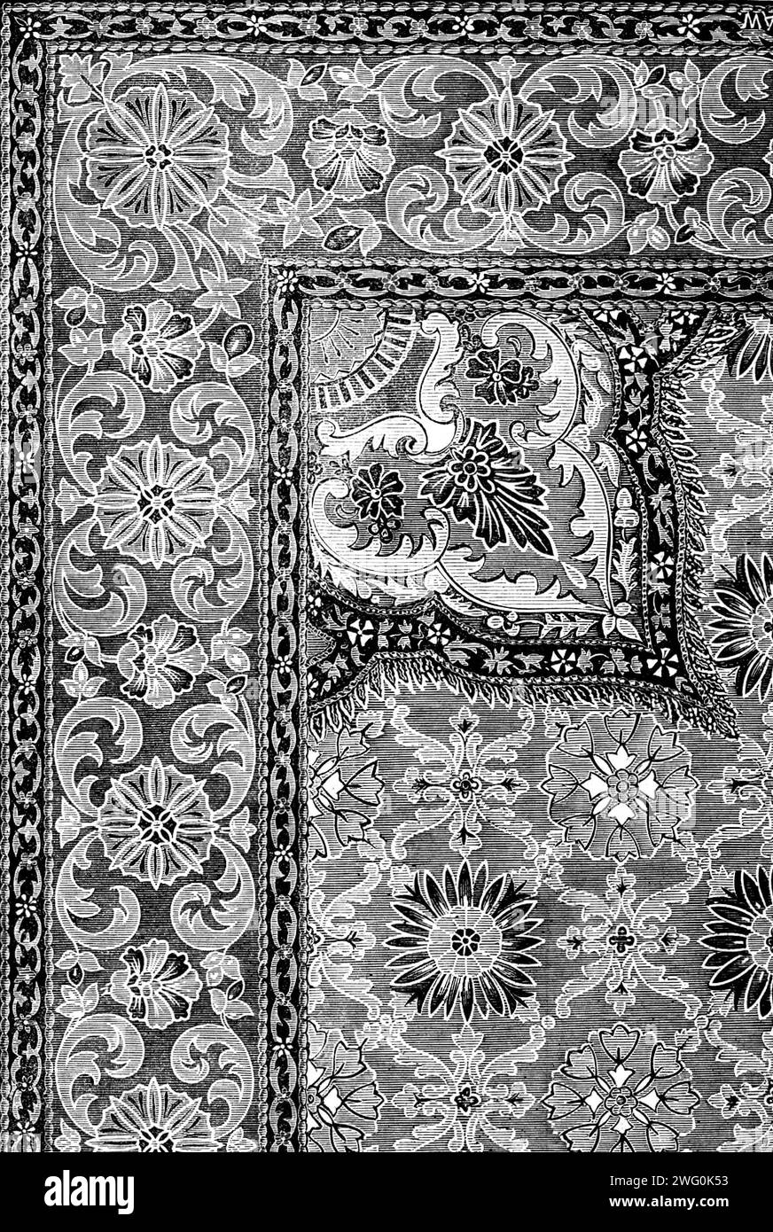 Exposition internationale : tapis Axminster par Lapworth Brothers, 1862. « Le tapis n'est pas indien, mais il est de caractère indien [...] il est simple, mais pas d'apparence appauvrie ; il est de caractère géométrique, mais n'a pas de formes géométriques rigides, mais des formes faites par des parties ornementales ou foliacées; et dans la bordure, ainsi que le centre, nous avons une petite composition ornementale répétée sur un plan rendu manifeste par les ornements étoilés... ce tapis, qui est un vrai Axminster, est d'un intérêt profond pour montrer la manière dont l'art des Indiens peut être appliqué avec succès à notre Banque D'Images