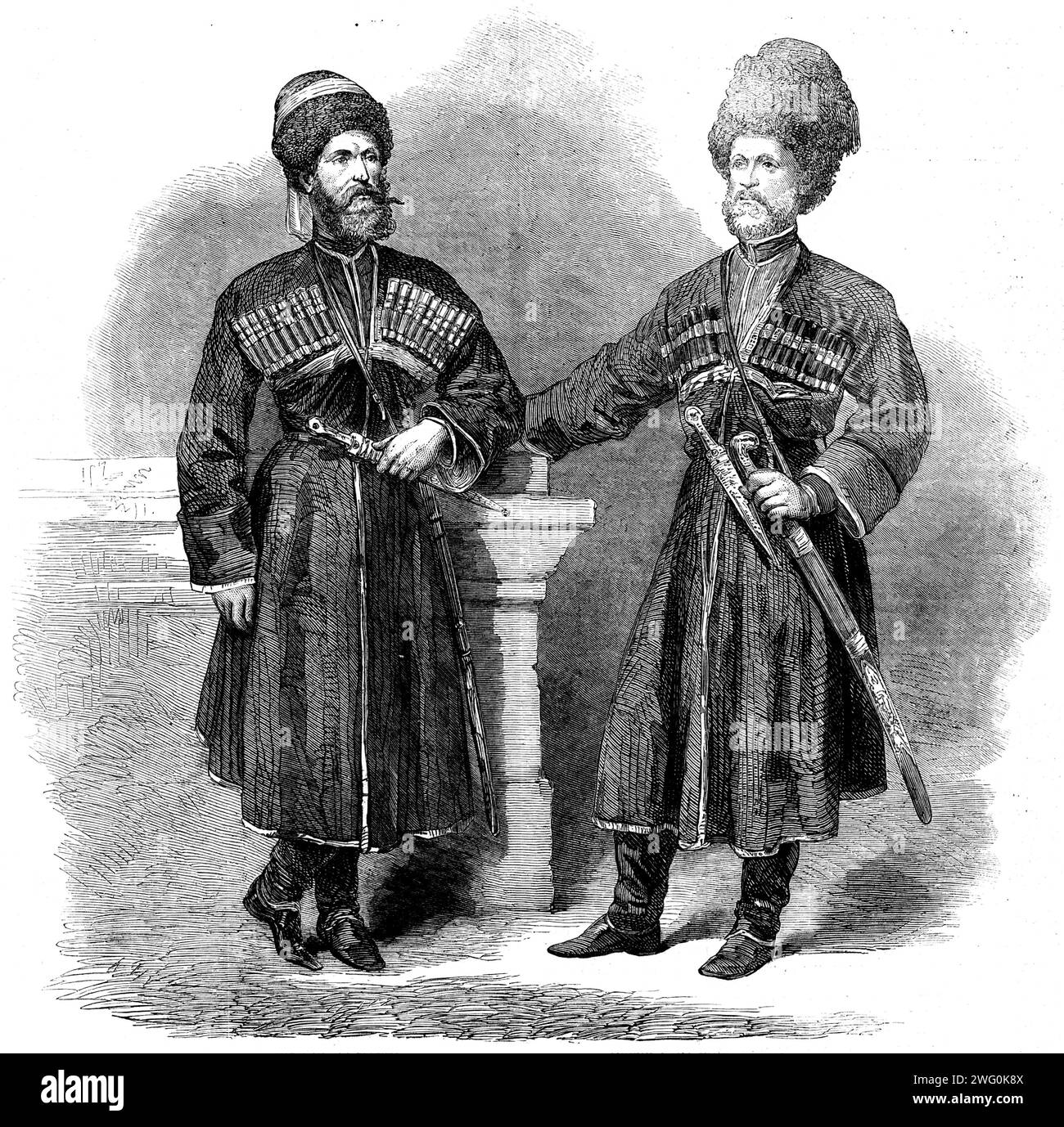 Les envoyés circassiens en Angleterre, 1862. Gravure à partir de photographies de Mayall, «l'aîné d'entre eux est nommé Constan Okhoo Ismael [à droite]... il a... résisté avec succès aux forces écrasantes que les Russes ont apportées contre lui... quand il monte à cheval 20 000 guerriers montés assistent sur ses ordres. Il a maintenant quarante et un ans, ce qui est considéré comme un âge avancé dans ce pays, car ils sont généralement tués avant qu'ils n'atteignent. Depuis l'âge de quinze ans, il entretient une guerre incessante, et est couvert de cicatrices de blessures (seize au nombre). Pourtant, jamais ce b Banque D'Images