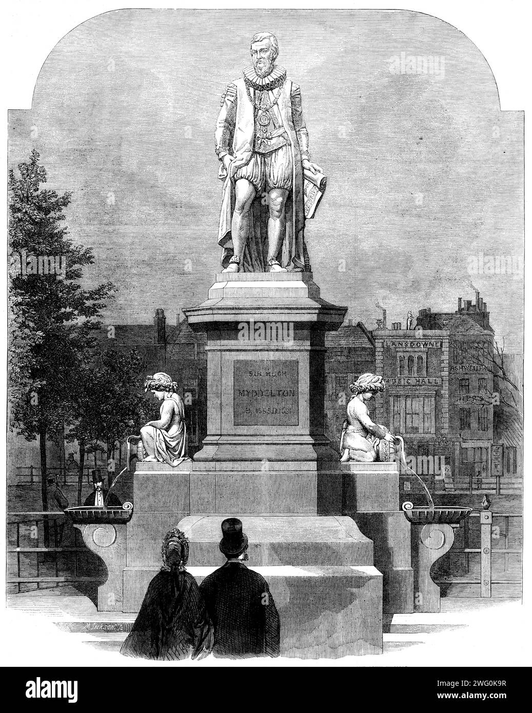 La statue de Sir Hugh Myddelton à Islington-Green [à Londres], sculptée par feu John Thomas, 1862. '...un beau monument public...à la mémoire du grand ingénieur, qui, triomphant des obstacles les plus redoutables, réussit au début du XVIIe siècle à détourner une rivière de son chenal naturel et à la conduire sur de nombreux kilomètres jusqu’au quartier haut situé au nord de Londres, dans le but d’approvisionner en eau une grande partie de la métropole. Il est inutile de mentionner l'importance d'un approvisionnement adéquat en eau dans les grandes villes... une reconnaissance des plus gracieuses de ce fait a été démontrée Banque D'Images