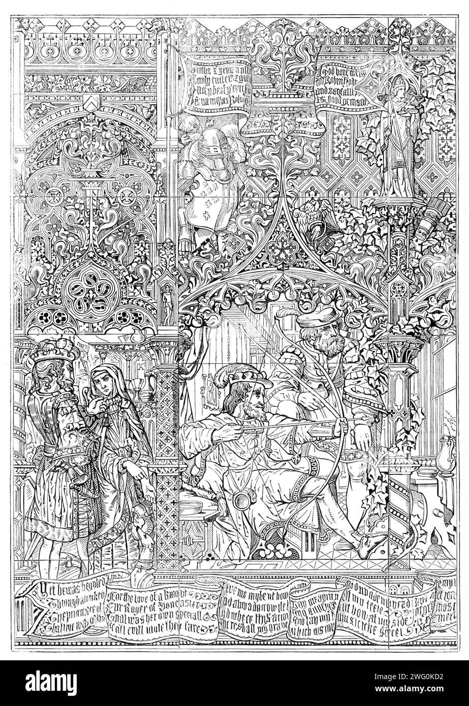 L'exposition internationale : vitrail de MM. chance Brothers, de Birmingham: "Robin Hood's Last Shot", 1862. Conçu par Sebastian Evans. "Robin, sorestricken avec de la fièvre, il se bestait... à la Prieure de Kirkleys pour qu'on laisse le sang...[elle] pensait bon de saigner Robin à mort...[Robin a demandé] au petit John de lui donner son arc et sa flèche... enjoignant au petit John de l'enterrer partout où il trouve la flèche-" et tout de suite après il est mort. "...le moment choisi par l'artiste est celui où Robin c'est juste dessiner sa dernière flèche, toutes les énergies de l'homme mourant rassemblées u Banque D'Images