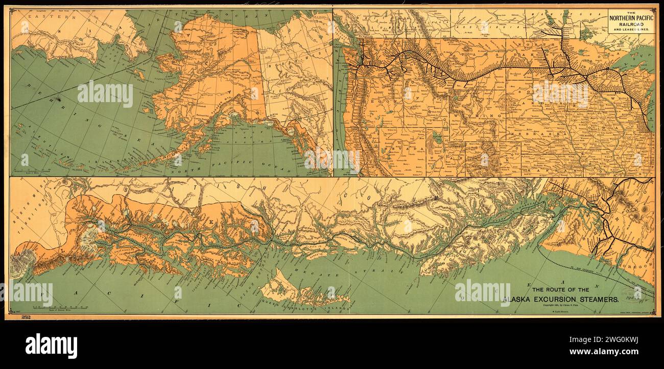 La route des paquebots d'excursion de l'Alaska, 1891. Cette carte, publiée en 1891, montre les routes des bateaux à vapeur de Seattle, qui ont pris la voie navigable intérieure à l'est de l'île de Vancouver et l'Alaska, ainsi que les routes ferroviaires reliant Chicago sur les Great Northern et Northern Pacific Lines. Inclut des cartes auxiliaires des États du Nord-Ouest et de l'Alaska. Banque D'Images