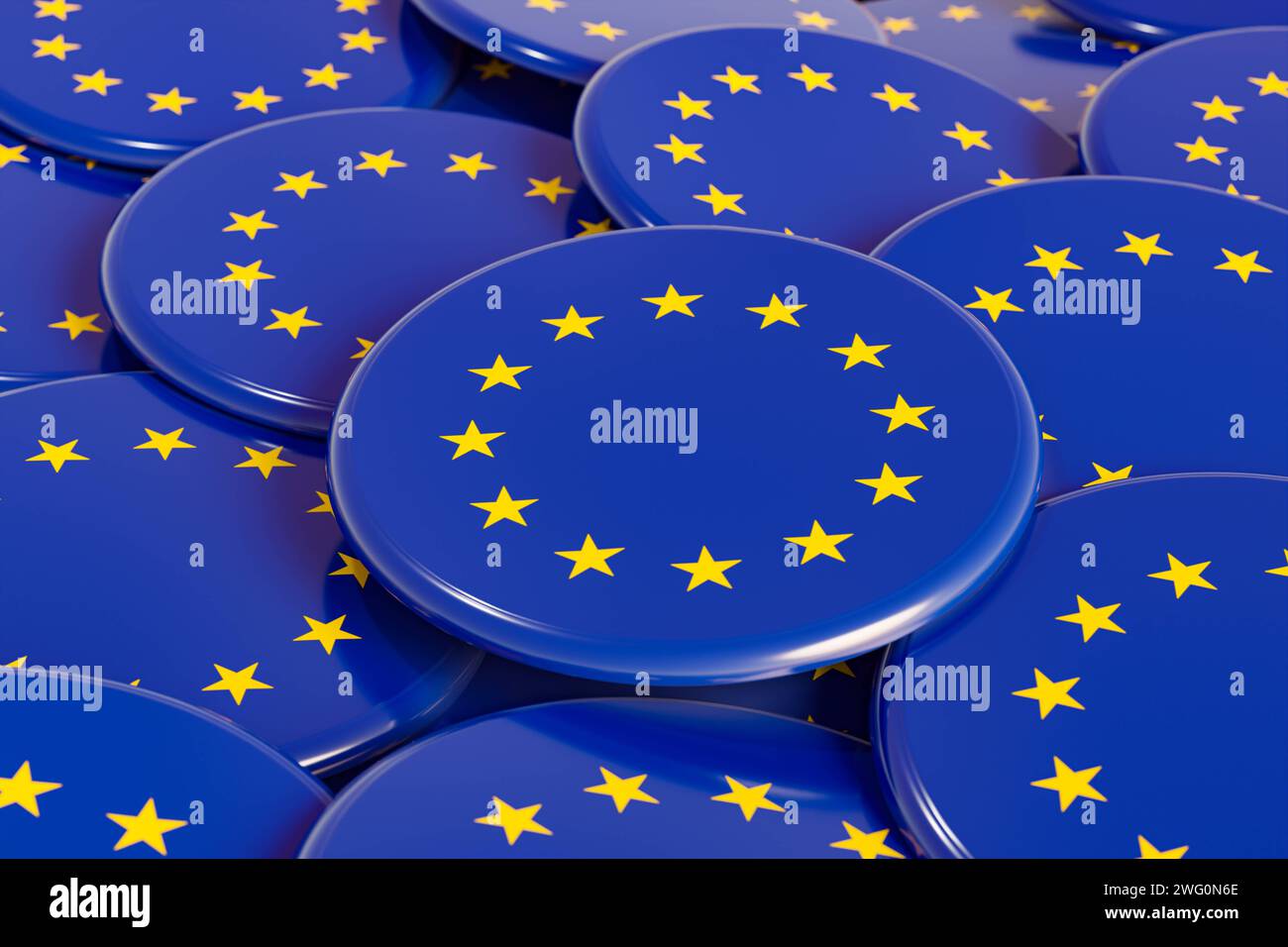 UE - Union européenne UE - Union européenne, quelques badges politiques, bouton de campagne sur la table. Parlement européen, démocratie, Europe, gouvernement, parti. Illustration 3D Politics_eu003_badge_eu Banque D'Images