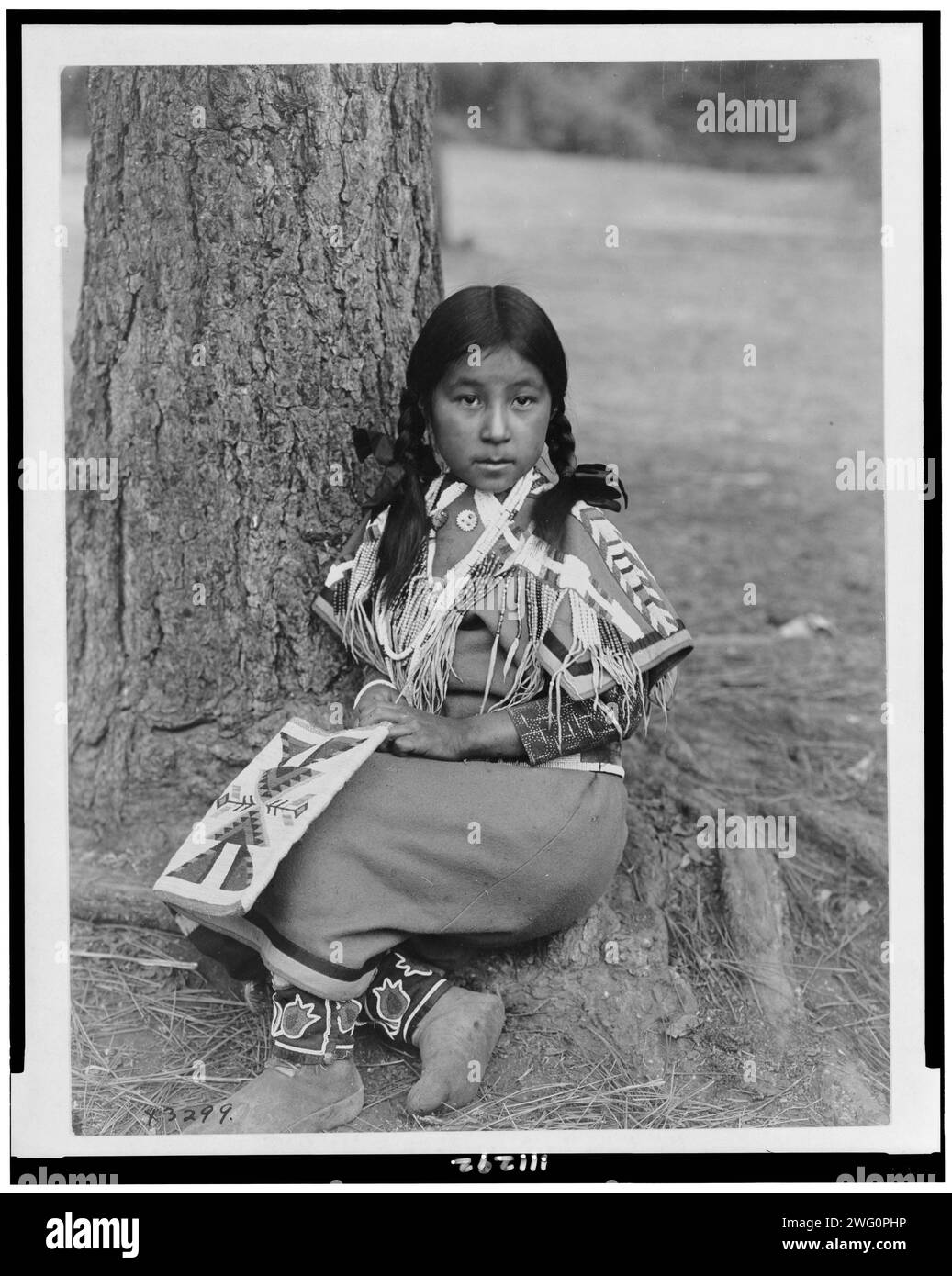 Umatilla enfant, c1910. Fille Umatilla, portrait en pied, face à l'avant, assise au sol près du pin, portant une robe de couverture perlée, des mocassins perlés, tenant le sac perlé sur les genoux. Banque D'Images