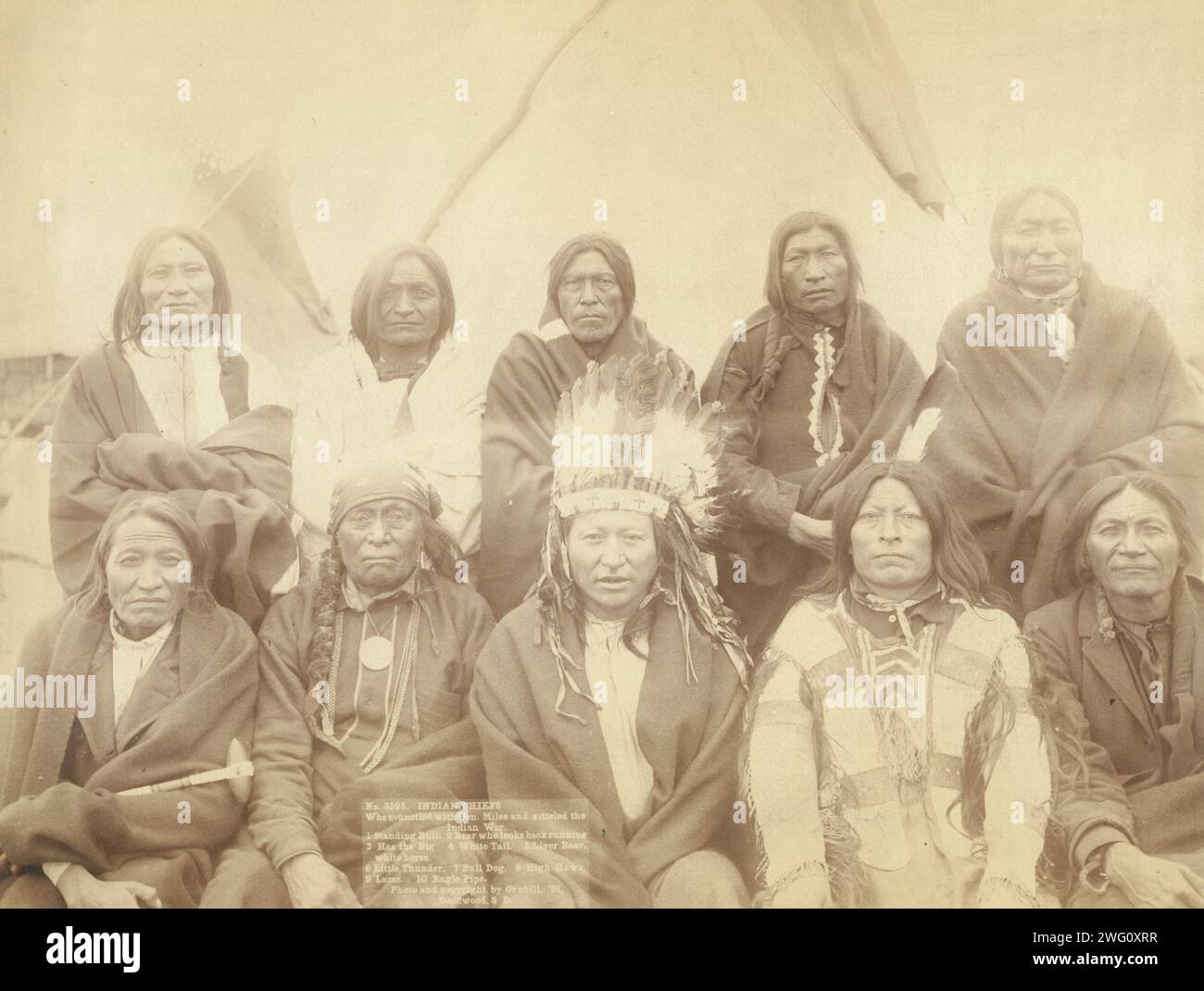 Les chefs indiens qui ont coparrainé avec Gen Miles et ont passé [sic] la guerre indienne -- 1 Standing Bull, 2 Bear Who Looks Back Running [se tient debout et regarde derrière], 3 Has the Big White Horse, 4 White Tail, 5 Liver Bear [Living] Bear, 6 Little Thunder, 7 Bull Dog, 8 High Hawk, 9 lame, 10 Eagle Pipe, 1891. Portrait de groupe de chefs Lakota, cinq debout et cinq assis avec des tipi en arrière-plan ; probablement sur ou près de la réserve indienne de Pine Ridge. Banque D'Images