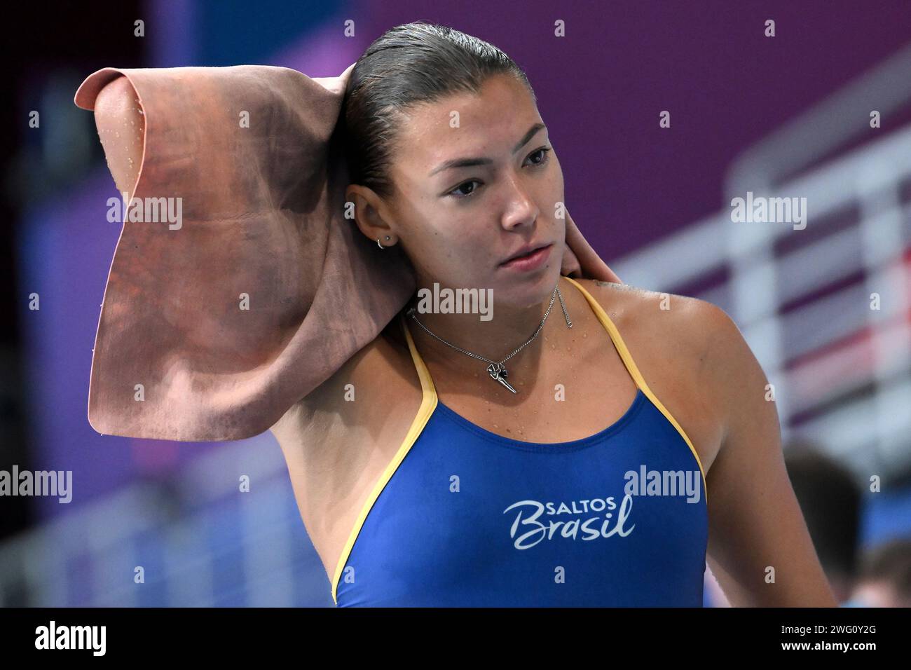 Doha, Qatar. 02 février 2024. Anna Santos, du Brésil, réagit après avoir concouru dans le 1m préliminaire féminin lors du 21e Championnat du monde aquatique au Hamad Aquatic Center à Doha (Qatar), le 02 février 2024. Crédit : Insidefoto di andrea staccioli/Alamy Live News Banque D'Images