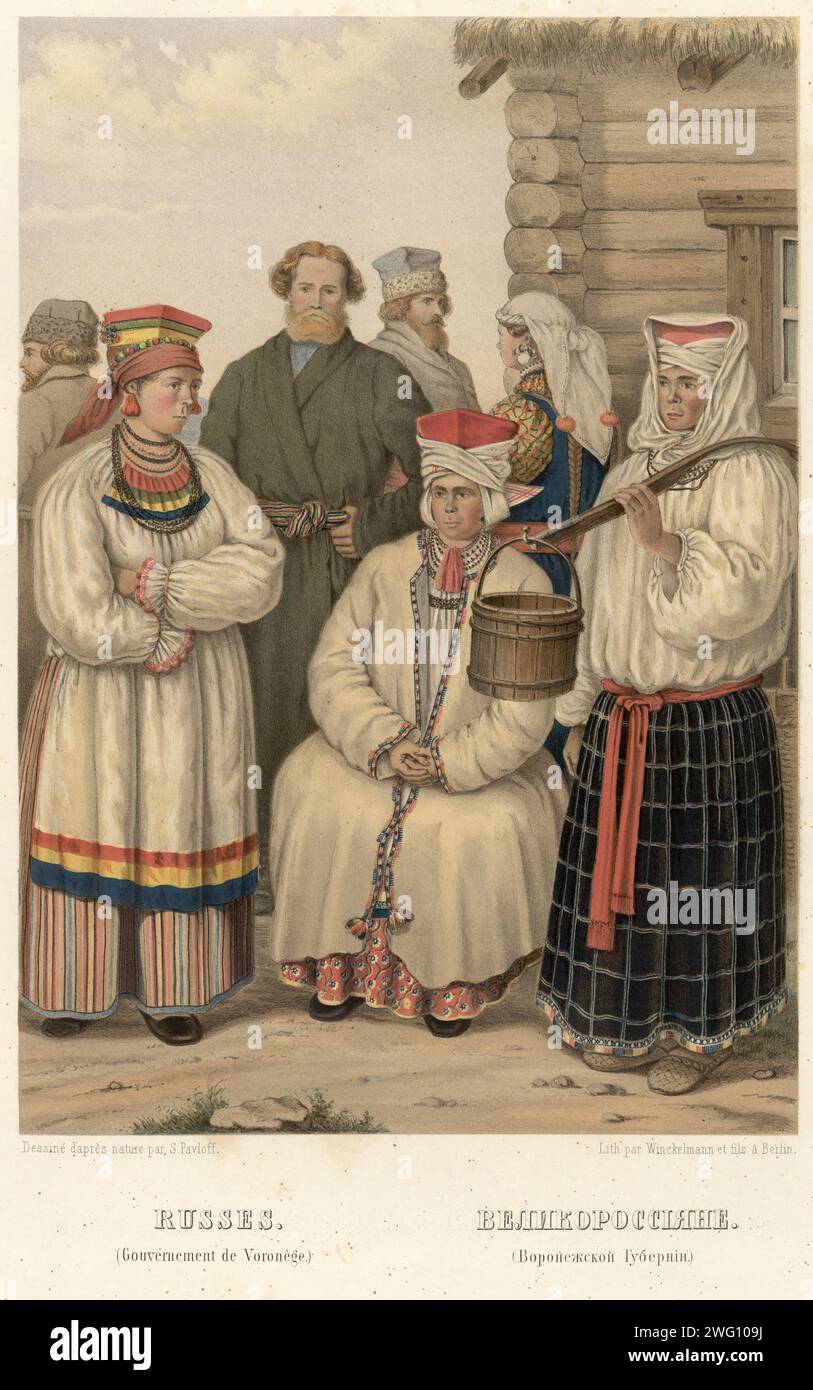 Grands Russes. (Gouvernorat de Voronezh)., 1862. Fiche 4 de l'album "Description ethnographique des peuples de la Russie", volume 1. Description ethnographique des peuples de la Russie est un ouvrage en deux volumes publié à Saint-Pétersbourg en 1862 pour marquer le millénaire de la fondation de l'Empire russe (traditionnellement retracée à la fondation de l'État de la Rus' de Kiev en 862). L'œuvre est dédiée au tsar Alexandre II Le volume 1 se compose de 62 illustrations colorées représentant des groupes ethniques de tout l'Empire russe dans leur tr Banque D'Images