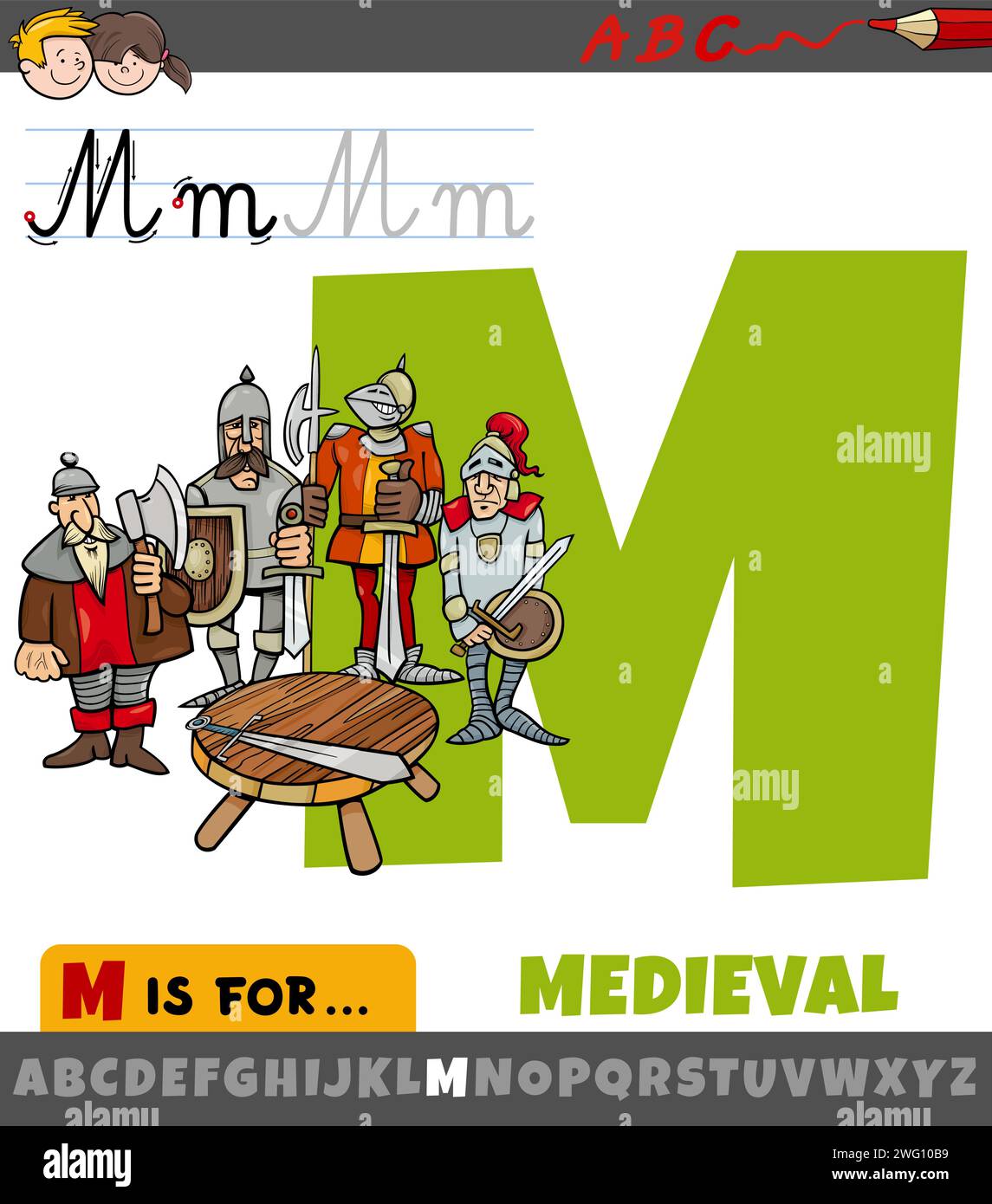 Illustration pédagogique de dessin animé de la lettre M de l'alphabet avec la période médiévale Illustration de Vecteur