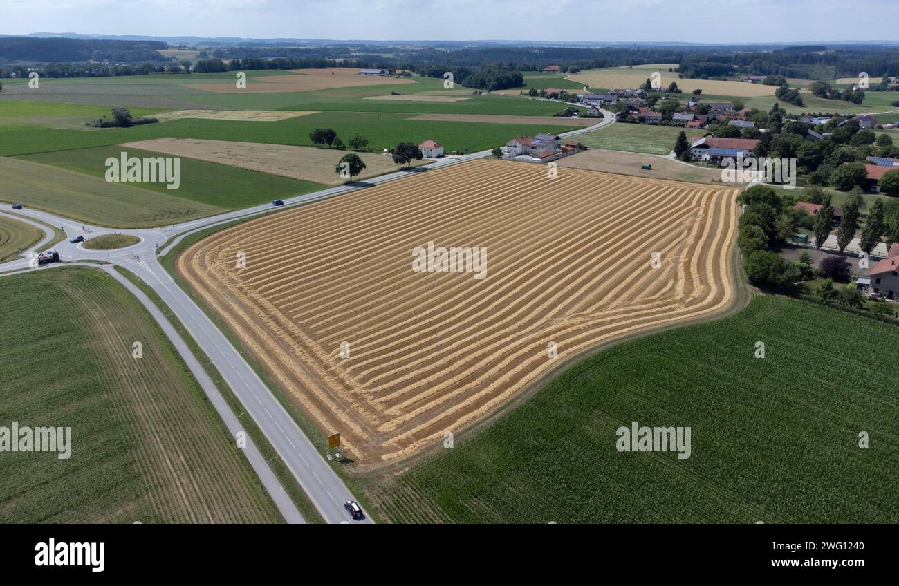 Paysage rural avec champ de céréales, petit village et un rond-point, tir par drone, haute Bavière, Bavière, Allemagne Banque D'Images
