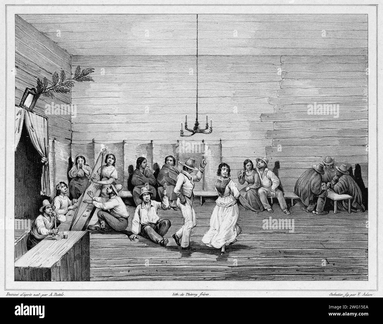 Danse du peuple à Valparaiso, Chili, 19e siècle. L'une des 65 lithographies incluses dans le volume des cartes publiées après le tour du monde de la corvette Seniavin commandée par le tsar Nicolas Ier et réalisée en 1826-29 sous le commandement du capitaine Fedor Litke (la version russe du nom du comte Friedrich lu¨tke, un allemand balte). L'expédition a commencé à Cronstadt (la principale base navale impériale russe près de Saint-Pétersbourg, où les circumnavigations russes ont généralement commencé et se sont terminées) ; elle a ensuite voyagé autour du cap Horn jusqu'à l'océan Pacifique. Ce voyage en fut un Banque D'Images