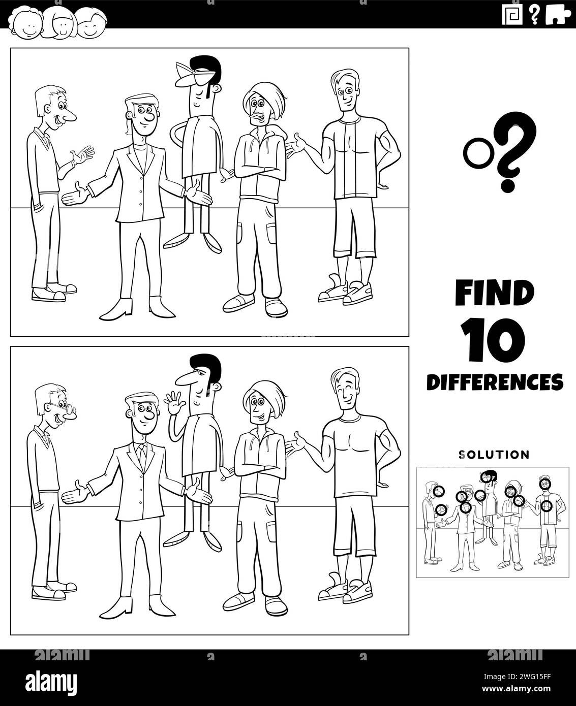 Illustration de dessin animé de trouver les différences entre les images de l'activité éducative avec des personnages de jeunes hommes coloriage de groupe Illustration de Vecteur