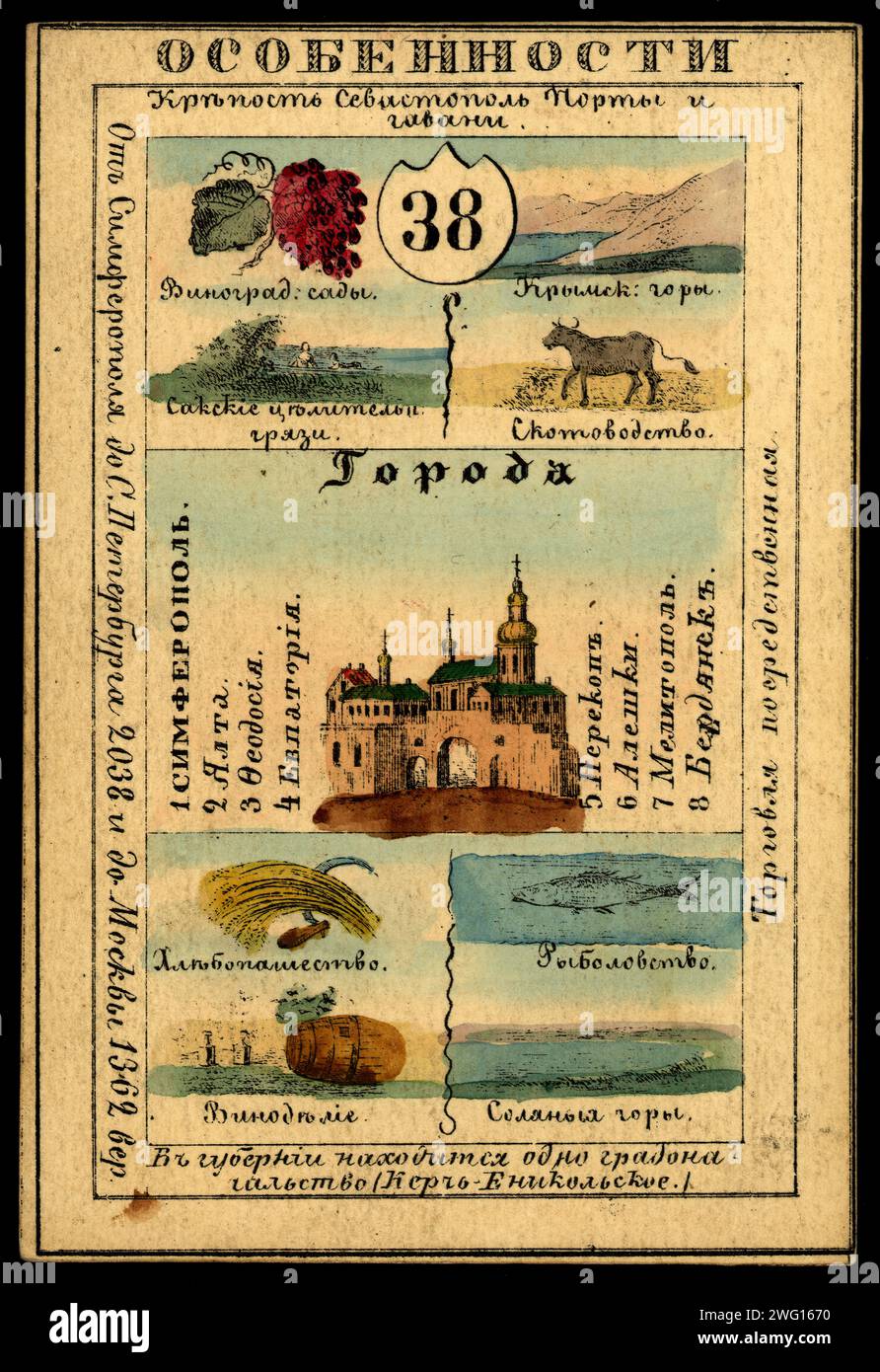 Province de Tavrich, 1856. Cette carte fait partie d'un ensemble souvenir de 82 cartes illustrées - une pour chaque province de l'Empire russe telle qu'elle existait en 1856. Chaque carte présente un aperçu de la culture, de l'histoire, de l'économie et de la géographie d'une province particulière. Le recto de la carte représente des caractéristiques distinctives telles que les rivières, les montagnes, les grandes villes et les principales industries. Le verso de chaque carte contient une carte de la province, le sceau provincial, des informations sur la population et le costume local des habitants. Bibliothèque nationale de Russie Banque D'Images