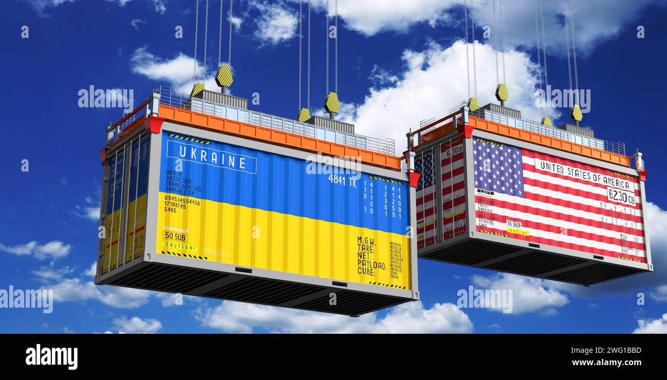 Conteneurs d'expédition avec drapeaux de l'Ukraine et des Etats-Unis - illustration 3D. Banque D'Images