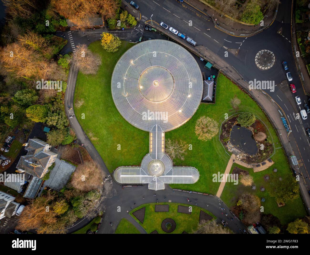 Kibble Palace toit en verre et environs vue aérienne, jardins botaniques de Glasgow Banque D'Images