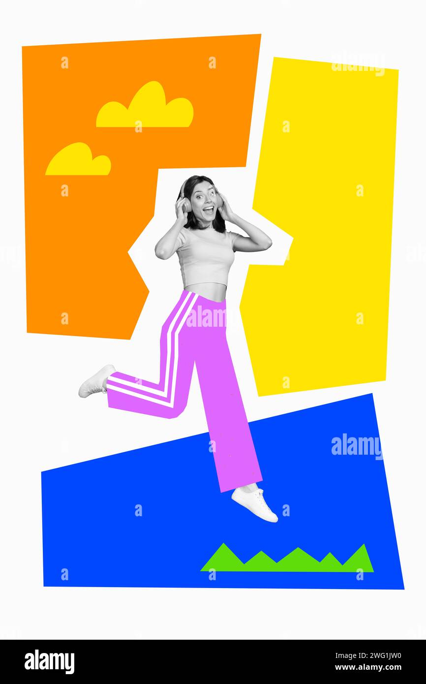 Affiche verticale de collage créatif jeune Happy Chill Carefree Girl marchant écouter musique meloman casque dessin fond Banque D'Images