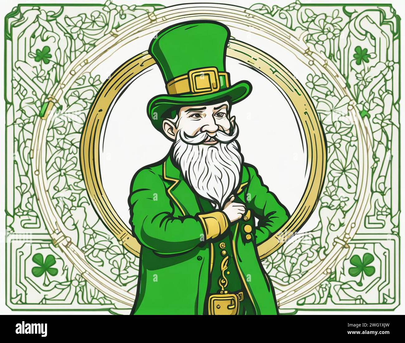 Logo de la Saint Patrick icône Leprechaun avec barbe, portant un chapeau haut de gamme sur fond tourbillonnant Banque D'Images