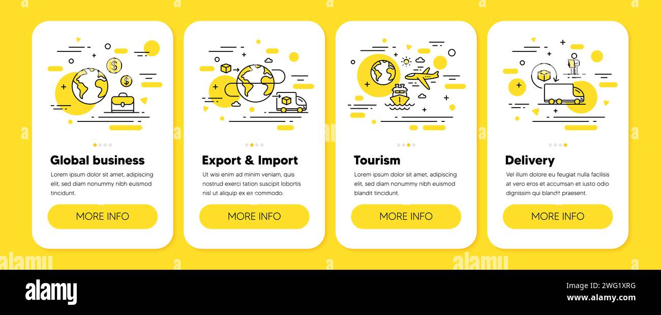 Commerce international, exportation, Importer icônes de ligne. Commerce mondial, service de livraison. Application pour téléphone mobile 4 étapes. Vecteur Illustration de Vecteur