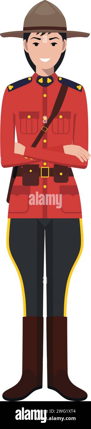 Officier policier canadien debout en uniforme traditionnel icône de caractère en style plat. Illustration de Vecteur