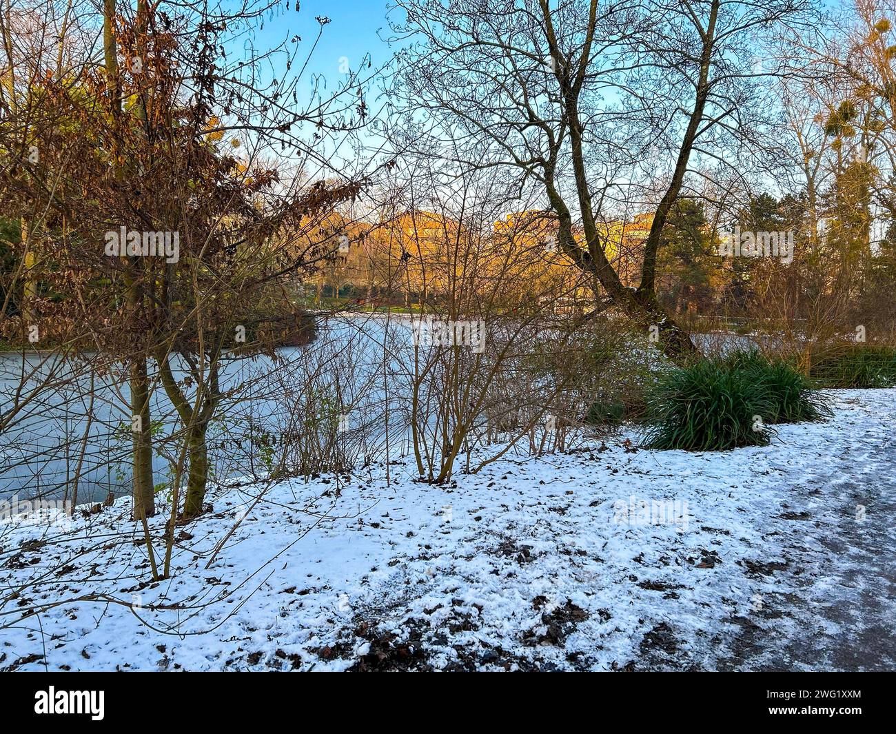 Paris, France, Groupe de visiteurs, paysage hivernal, neige en bois de Vincennes, Lac de Saint Mande, paysage, Parc urbain, ville Banque D'Images