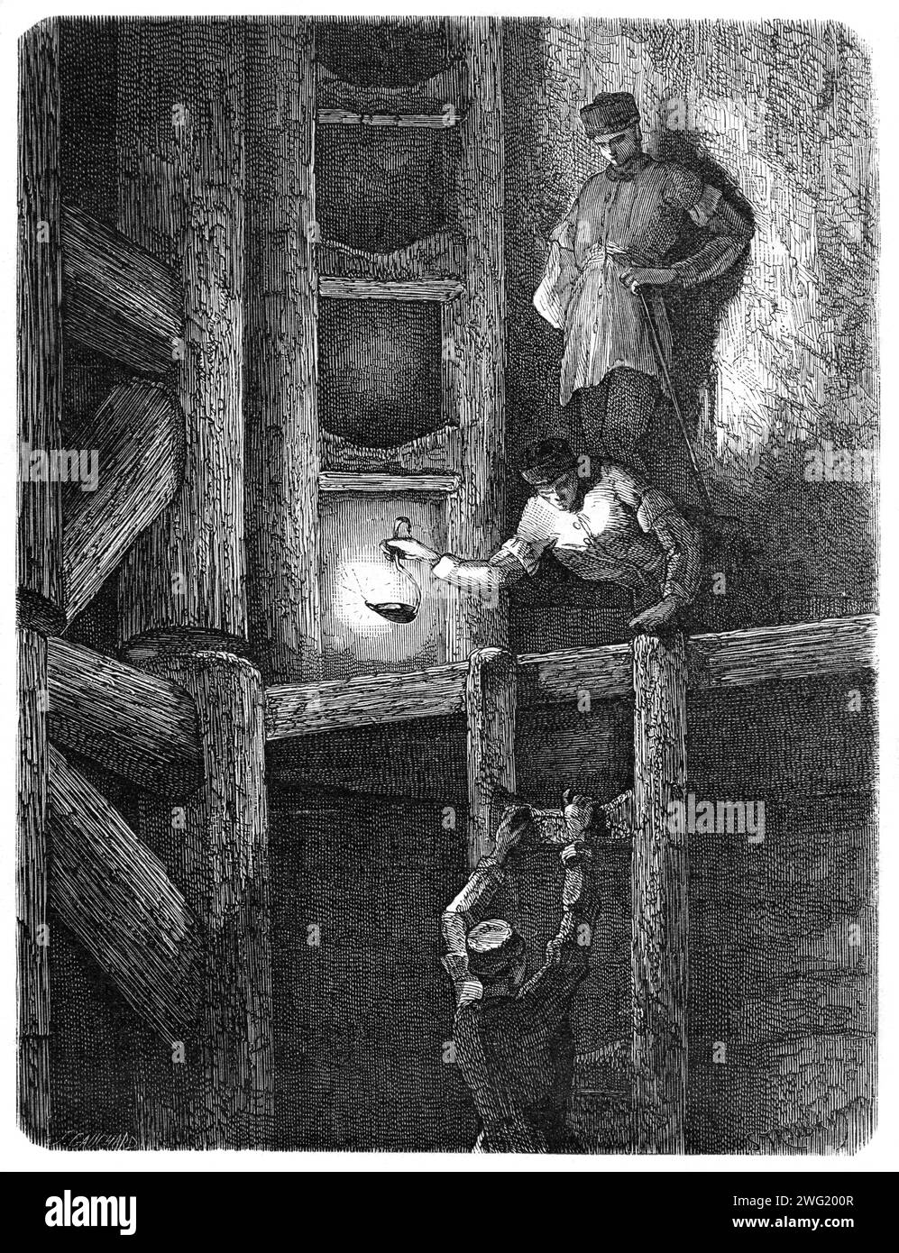 Puits de mine descendant dans les mines de Rammelsberg par lampe dans la région des hautes terres du Harz, dans le nord de l'Allemagne. Gravure vintage ou historique ou illustration 1863 Banque D'Images
