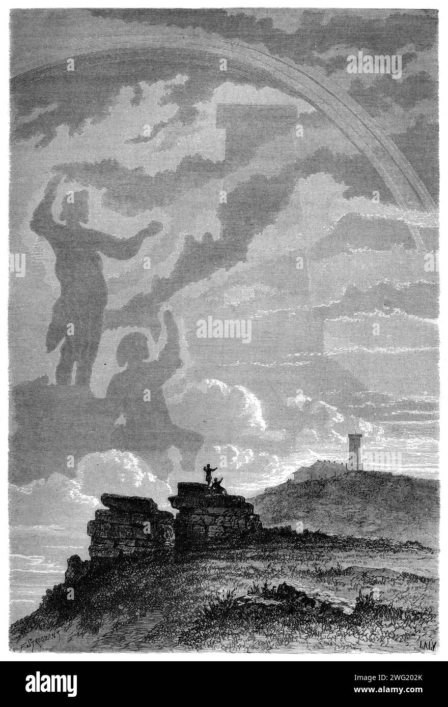 Spectre du Brocken, Brocken spectre ou spectre sur la montagne Brocken, alias Bloksberg, dans les montagnes du Harz ou Highlands Allemagne. Gravure vintage ou historique ou illustration 1863 Banque D'Images