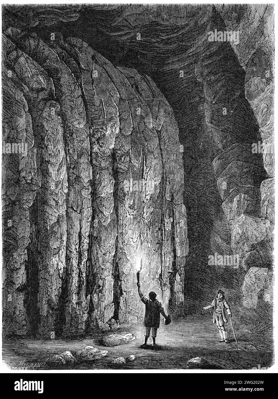 Les visiteurs explorent la Mammoth Cave au phare, le parc national de Mammoth Cave, le Kentucky, les États-Unis, les États-Unis ou les États-Unis d'Amérique. Gravure vintage ou historique ou illustration 1863 Banque D'Images
