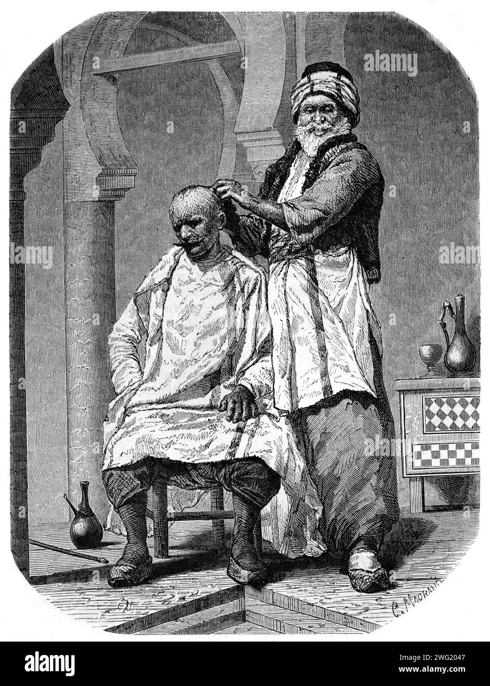 Coiffeur turc et client portant un pantalon baggy turc traditionnel, connu sous le nom de Salvar turc ou Shalvar, une partie ou robe folklorique, vêtements ethniques, vêtements ethniques ou vêtements turcs de classe ouvrière Istanbul Turquie. Gravure vintage ou historique ou illustration 1863 Banque D'Images