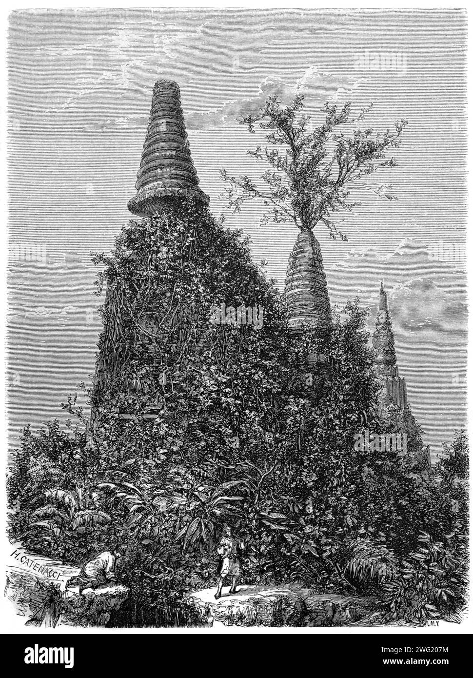 Ruines couvertes de Creepers & Ivy du temple Wat Phra Sri Sanphet (avant restauration) au parc historique Ayutthaya Thaïlande. Gravure vintage ou historique ou illustration 1863 Banque D'Images