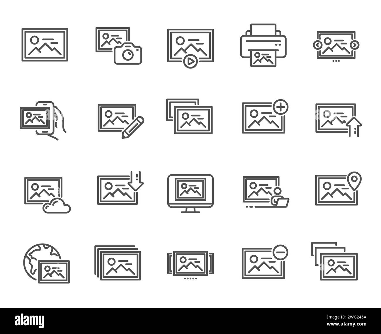 Icônes de ligne photo. Icônes d'impression d'image, d'appareil photo, de chargement d'image. Modifier l'image, Lire la présentation. Vecteur Illustration de Vecteur