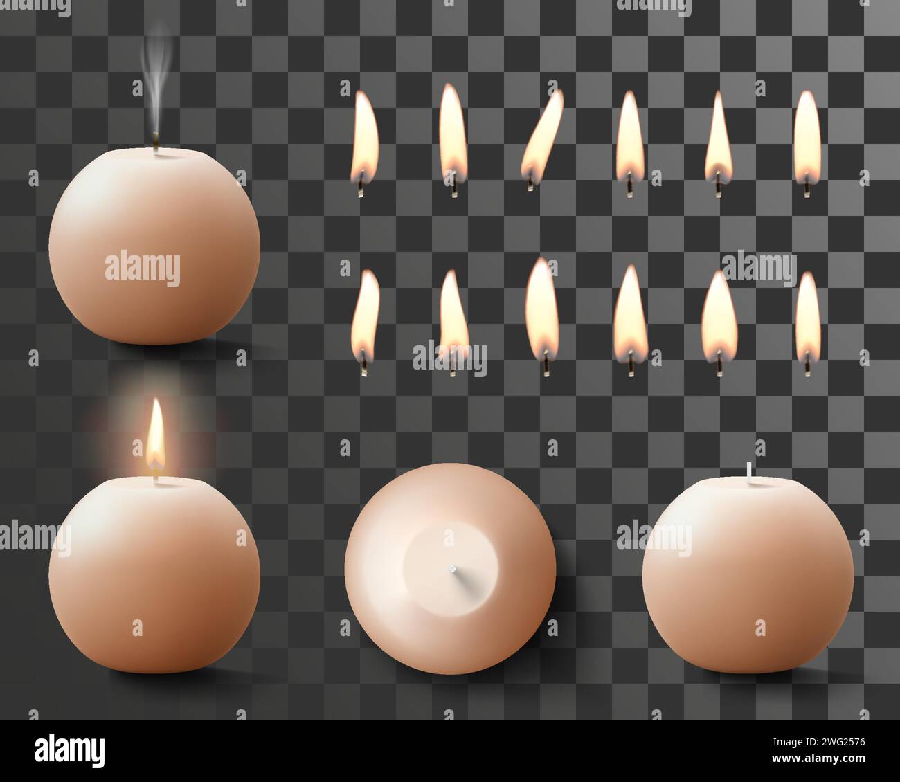 Ensemble de bougies brûlantes de cire ronde parfumée et flammes de feu avec mèche de différentes formes isolées sur fond transparent. Bougies allumées réalistes pour Illustration de Vecteur
