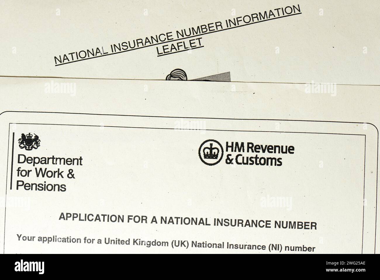 Formulaire de demande du Department for Work and pensions pour un numéro d'assurance national au Royaume-Uni Banque D'Images