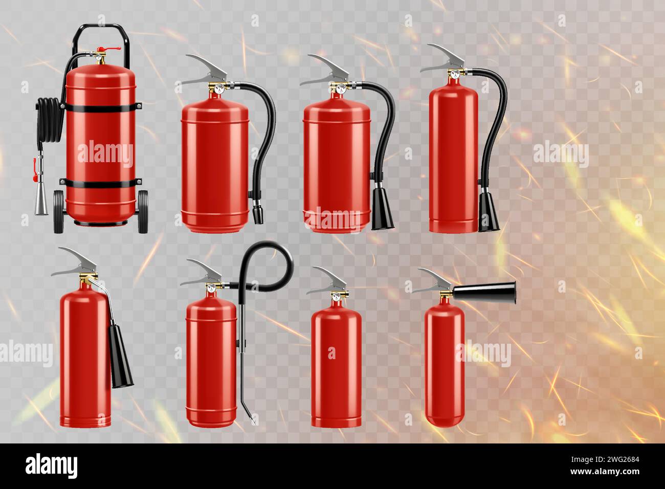 Ensemble d'extincteurs rouges réalistes isolés sur le fond d'étincelles de feu : différents types d'extincteurs de poignée, eau, dioxyde de carbone, mousse, p Illustration de Vecteur