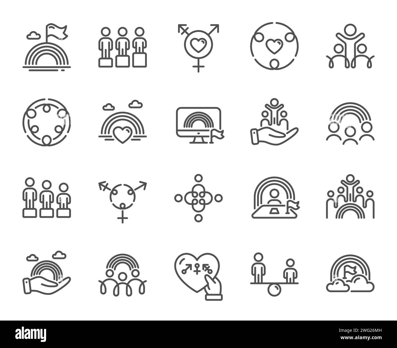 Icônes de ligne égalité, équité et diversité. Droits LGBT, égalité des chances et icônes des besoins respectifs. Vecteur Illustration de Vecteur