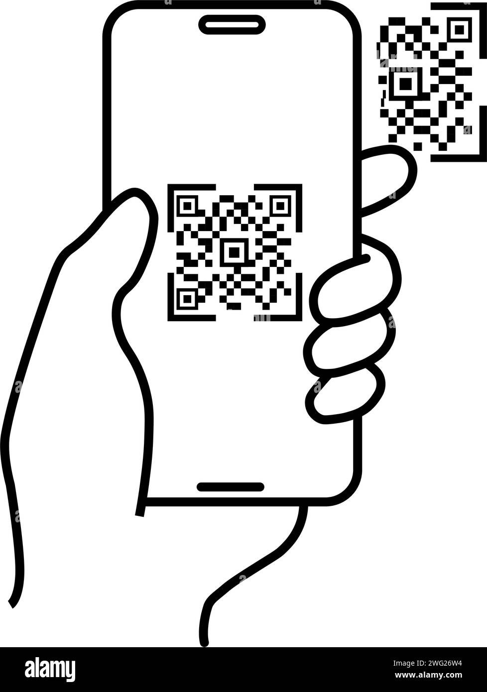 scanner l'icône de code qr, main de paiement avec téléphone, application de scanner, symbole de ligne mince sur fond blanc - trait modifiable Illustration de Vecteur