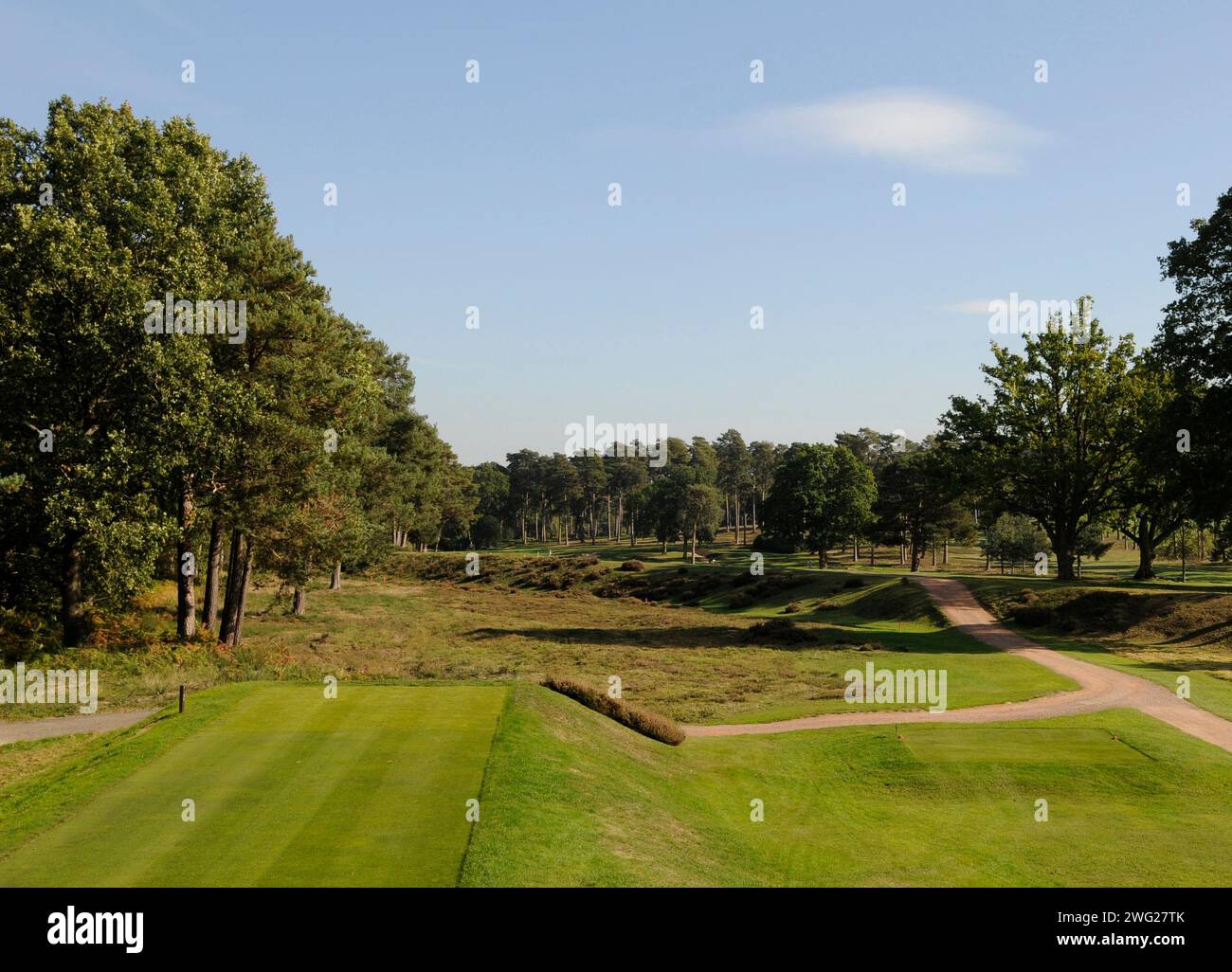 Vue depuis le 3rd Tee, West Hill Golf Club, Woking, Surrey, Angleterre. Banque D'Images