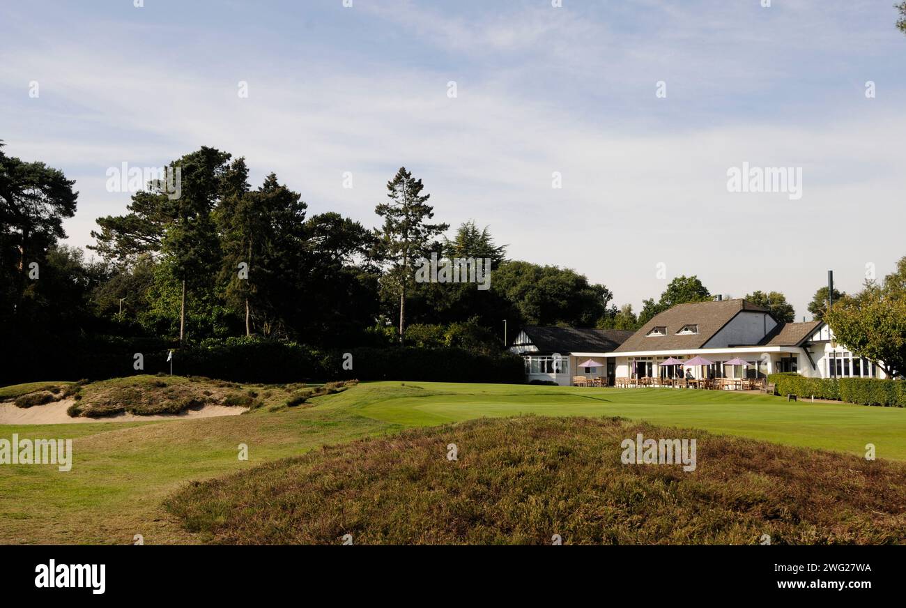 Vue sur la bruyère et les bunkers à 18th Green et Clubhouse, West Hill Golf Club ; Woking ; Surrey ; Angleterre. Banque D'Images